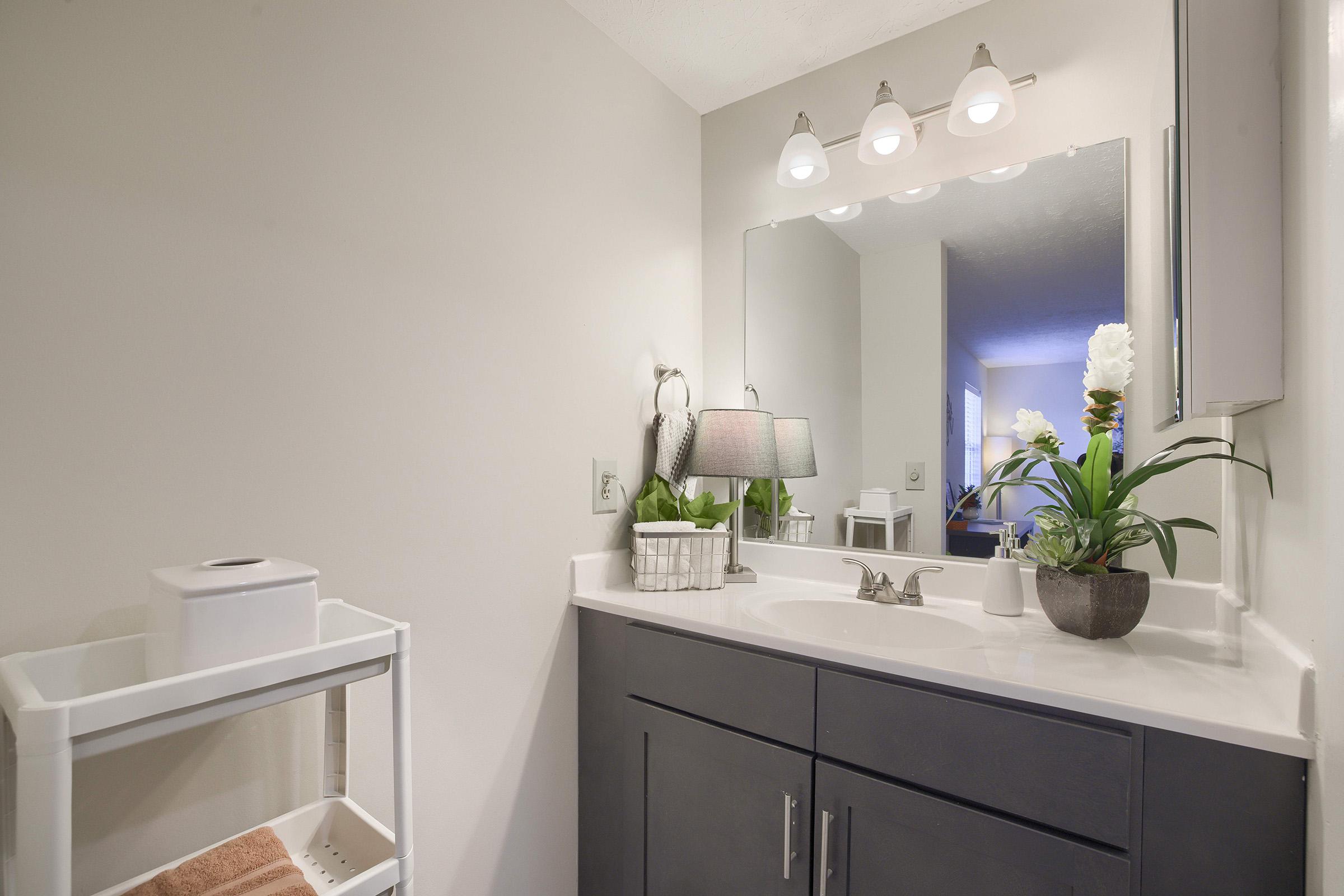 A modern bathroom featuring a white countertop with a sink, a large mirror above, and stylish lighting fixtures. There are potted plants, decorative items, and a towel on a rack nearby. The overall decor is clean and contemporary, with gray cabinetry and a light color scheme.
