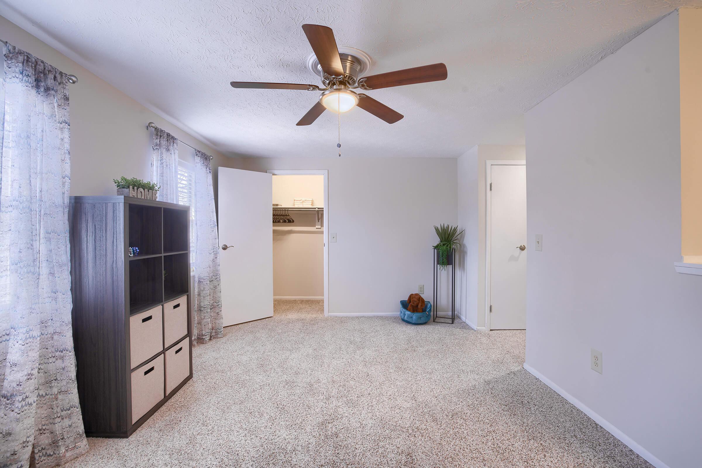 Bright, spacious room featuring light-colored walls and beige carpet. A ceiling fan is visible above, and there are two windows with light curtains. To the left, a black bookshelf with fabric bins stands, while a potted plant is in the corner. A closet is also accessible through a white door on the right.