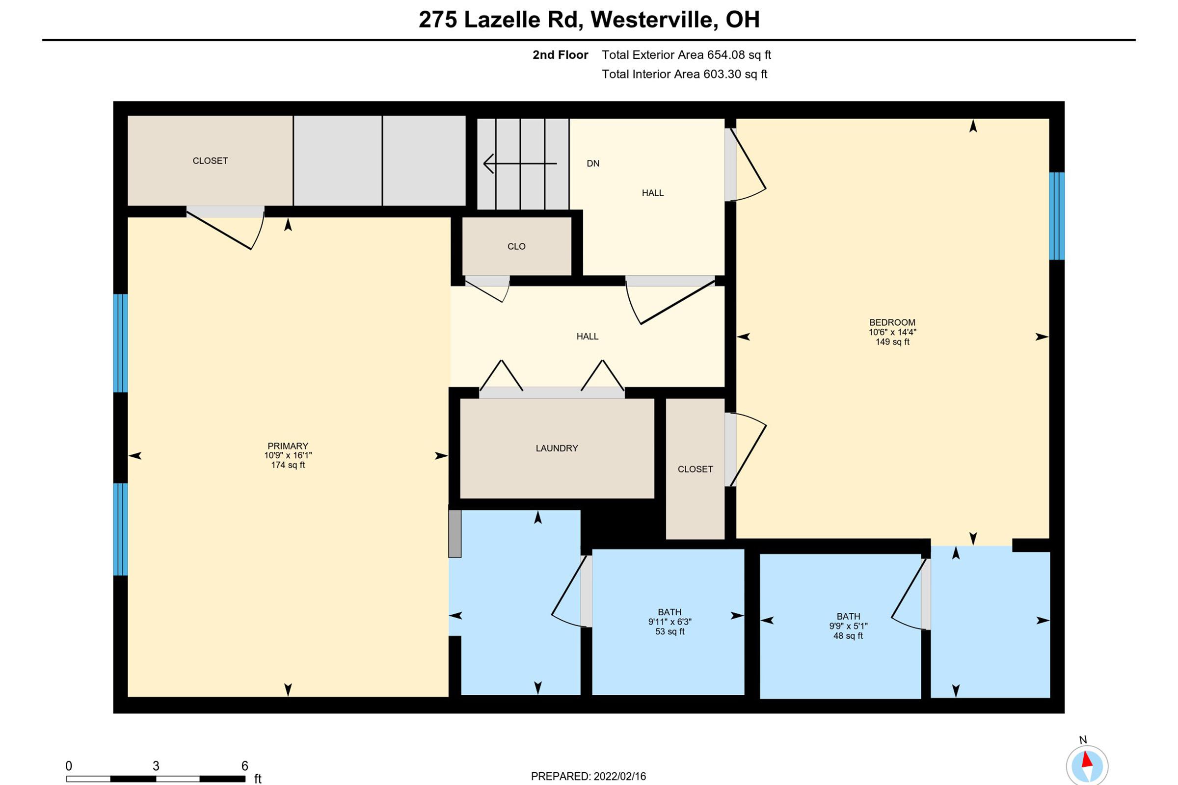 Floor plan for a second floor layout of a property located at 275 Lazelle Rd, Westerville, OH. It includes rooms such as a bedroom, laundry, hall, bath, closet space, and a primary bedroom. The total interior area measures 653 sq ft.