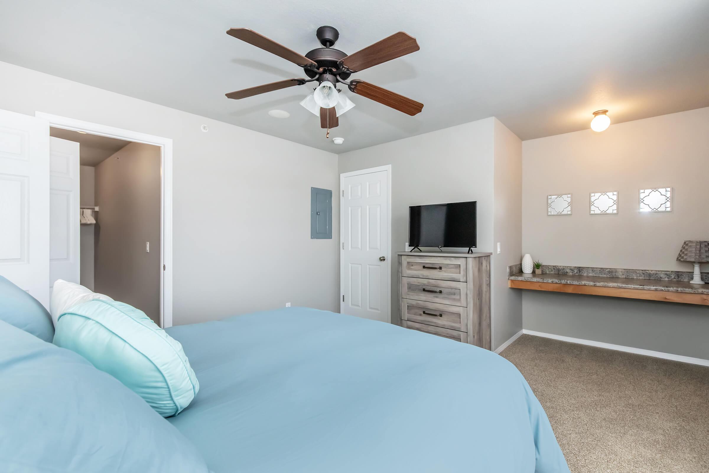 A cozy bedroom featuring a large blue bed with decorative pillows, a light ceiling fan, a flat-screen TV on a dresser, and a simple wall-mounted shelf with decorative mirrors. The walls are painted in a soft gray, creating a calm atmosphere, with a closet door visible on the left.