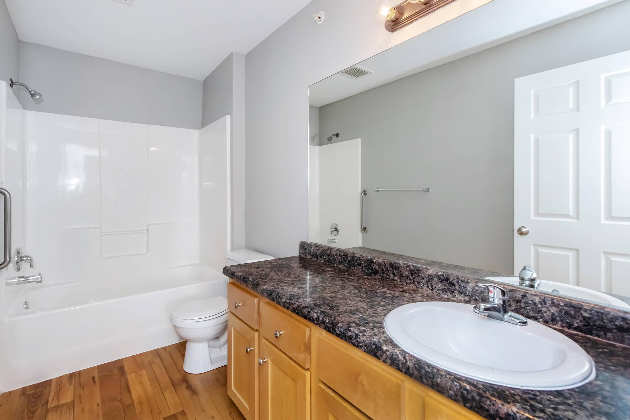 Bright bathroom featuring a modern design with a large mirror above a sink, granite countertop, wooden cabinetry, and a white toilet. The space includes a combination shower and bathtub with a grab bar and a neutral color scheme on the walls. Light wood flooring adds warmth to the room.