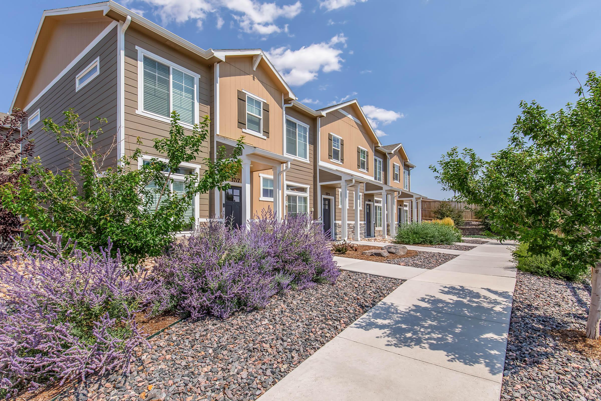 A row of modern townhouses with light-colored exteriors, featuring front porches and landscaped with purple flowering plants and shrubs. A clear blue sky and a pathway lined with gravel add to the inviting atmosphere.