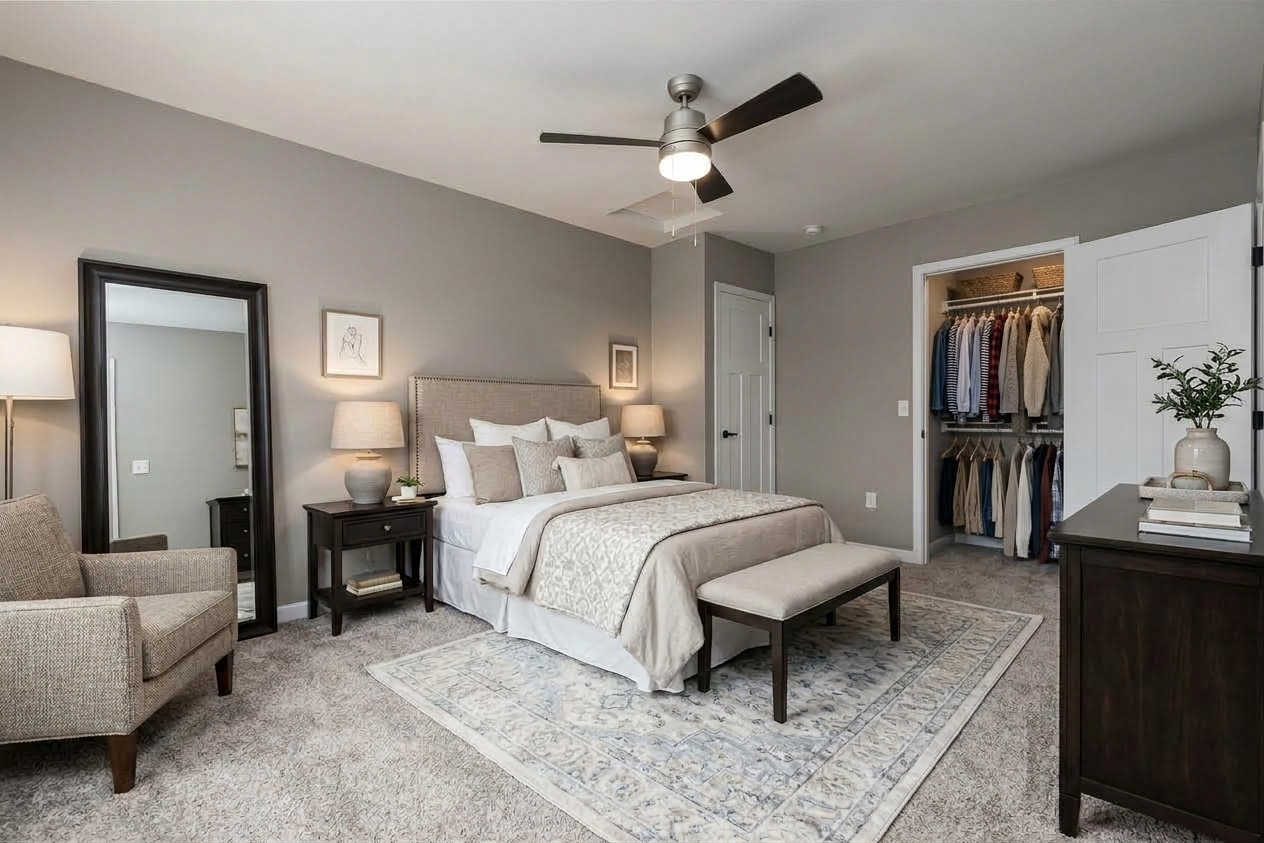 A cozy bedroom featuring a queen-sized bed with decorative pillows, a bedside table with a lamp, a mirror, and a comfortable chair. A fan hangs from the ceiling, and a closet with neatly arranged clothes is visible behind a closed door. The room has neutral-colored walls and a soft area rug.