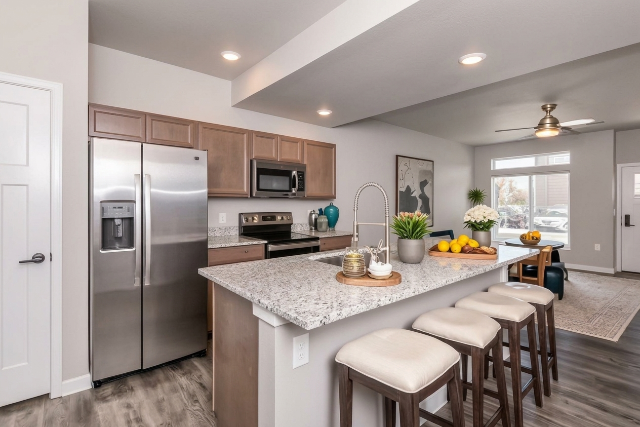Modern kitchen featuring wooden cabinets, stainless steel appliances, and a granite countertop. There's a kitchen island with four bar stools, decorative items, and a bowl of lemons. The background shows a bright living area with a ceiling fan and large windows.