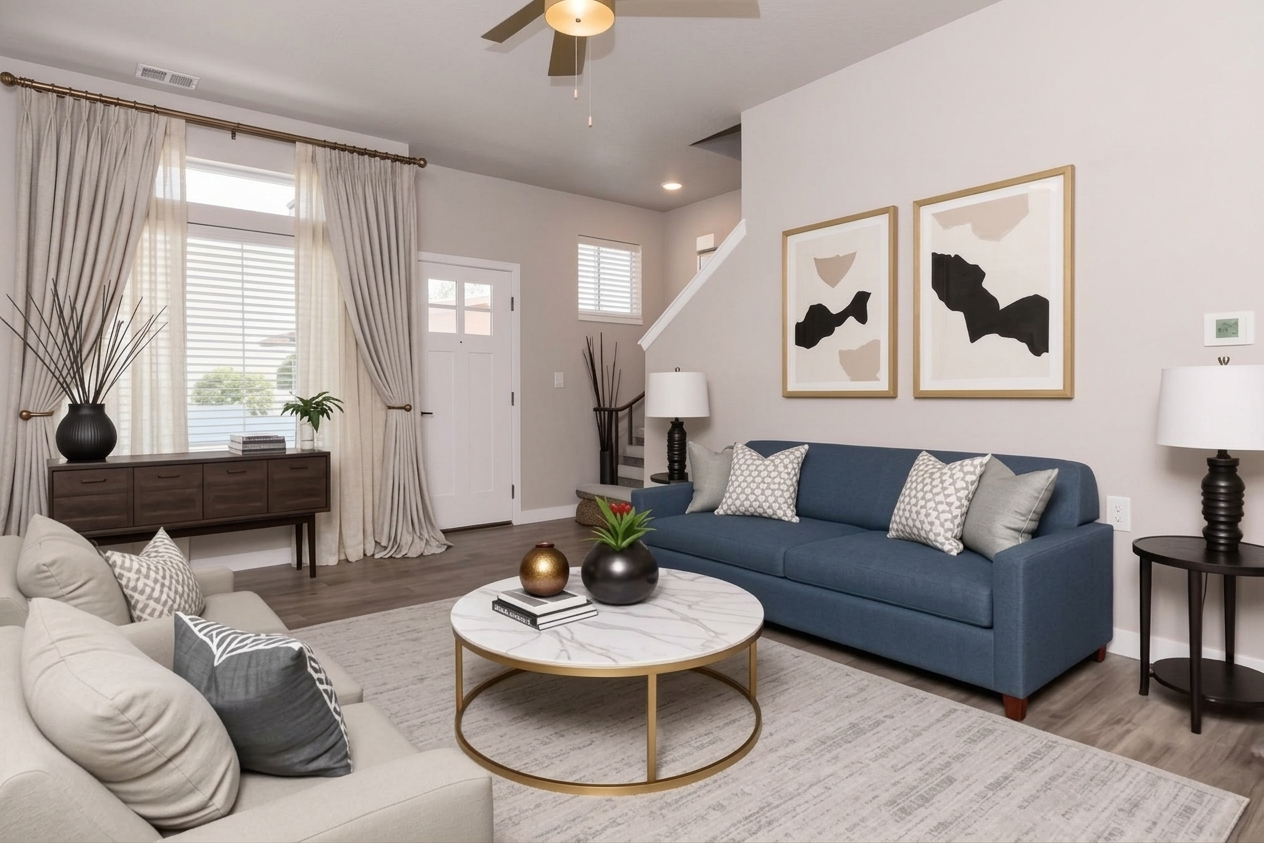 A modern living room featuring a blue sofa with decorative pillows, a round marble coffee table, and two stylish lamps. There's a textured area rug on the floor, abstract artwork on the walls, and large windows with light curtains, creating a bright and inviting atmosphere. A wooden sideboard and indoor plants complete the decor.