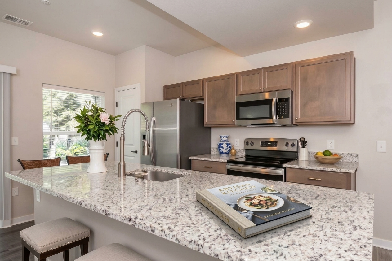 A modern kitchen featuring a granite countertop with bar seating, stainless steel appliances, and wooden cabinets. A vase with flowers sits on the counter beside an open cookbook, and a window allows natural light to brighten the space.