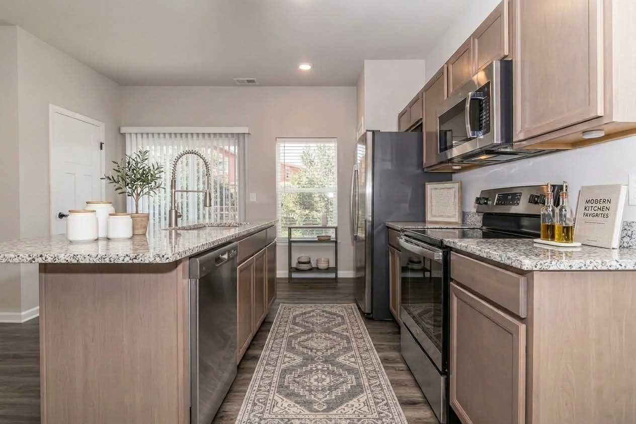 Modern kitchen featuring light wood cabinetry, granite countertops, and stainless steel appliances. The space includes a large island with a sink, a decorative rug on the floor, and a window providing natural light. Decorative items like plants and cookbooks enhance the inviting atmosphere.