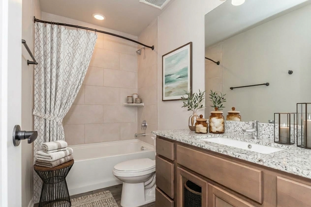 A modern bathroom featuring a bathtub with a shower curtain, a granite countertop with two sinks, and decorative elements like potted plants and jars. Soft lighting illuminates the space, which has beige tiles and a framed artwork on the wall. Neatly stacked towels are placed atop a small woven stool.