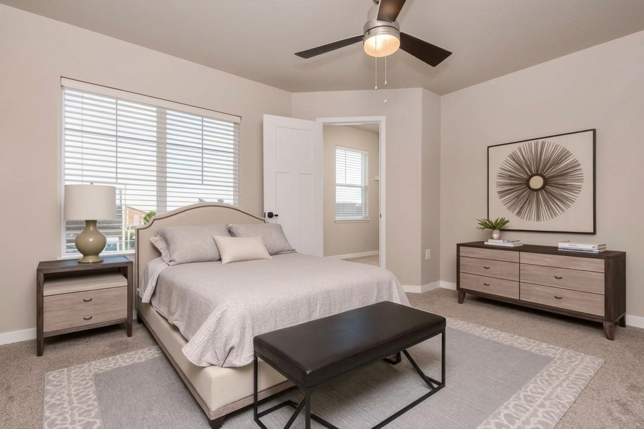 A cozy bedroom featuring a queen-sized bed with a light gray blanket, a nightstand with a lamp, and a decorative wall art piece. The room includes a ceiling fan and a dresser, with a neutral color scheme and large windows allowing natural light. A small bench sits at the foot of the bed on a soft area rug.