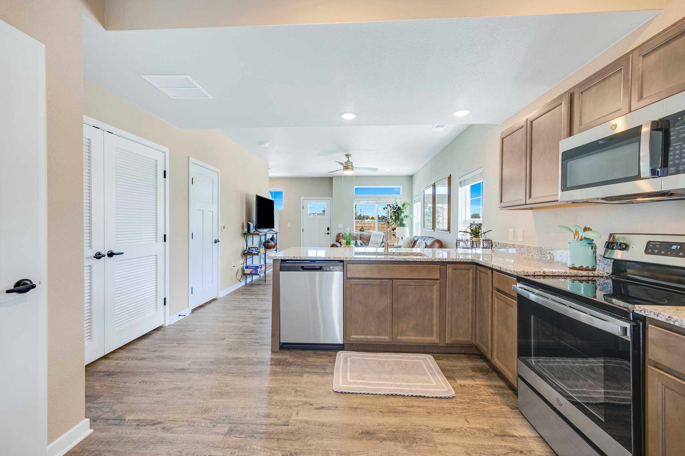 a kitchen with a large window