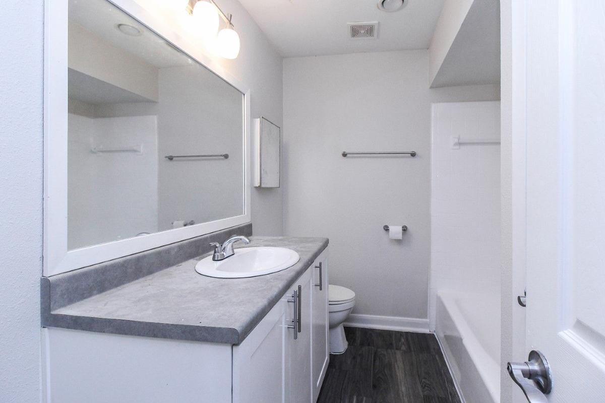 A clean, modern bathroom featuring a large mirror above a gray countertop with a sink, a white toilet, and a bathtub with a shower. The walls are light-colored, and there is a towel rack and a small cabinet for storage. The flooring appears to be dark laminate.