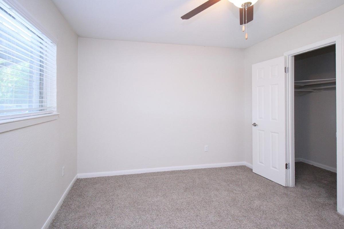 A light-colored room with beige carpet and white walls, featuring a ceiling fan and a window with blinds. There's a closet door on the right, and the overall ambiance is bright and spacious, suitable for a bedroom or office space.