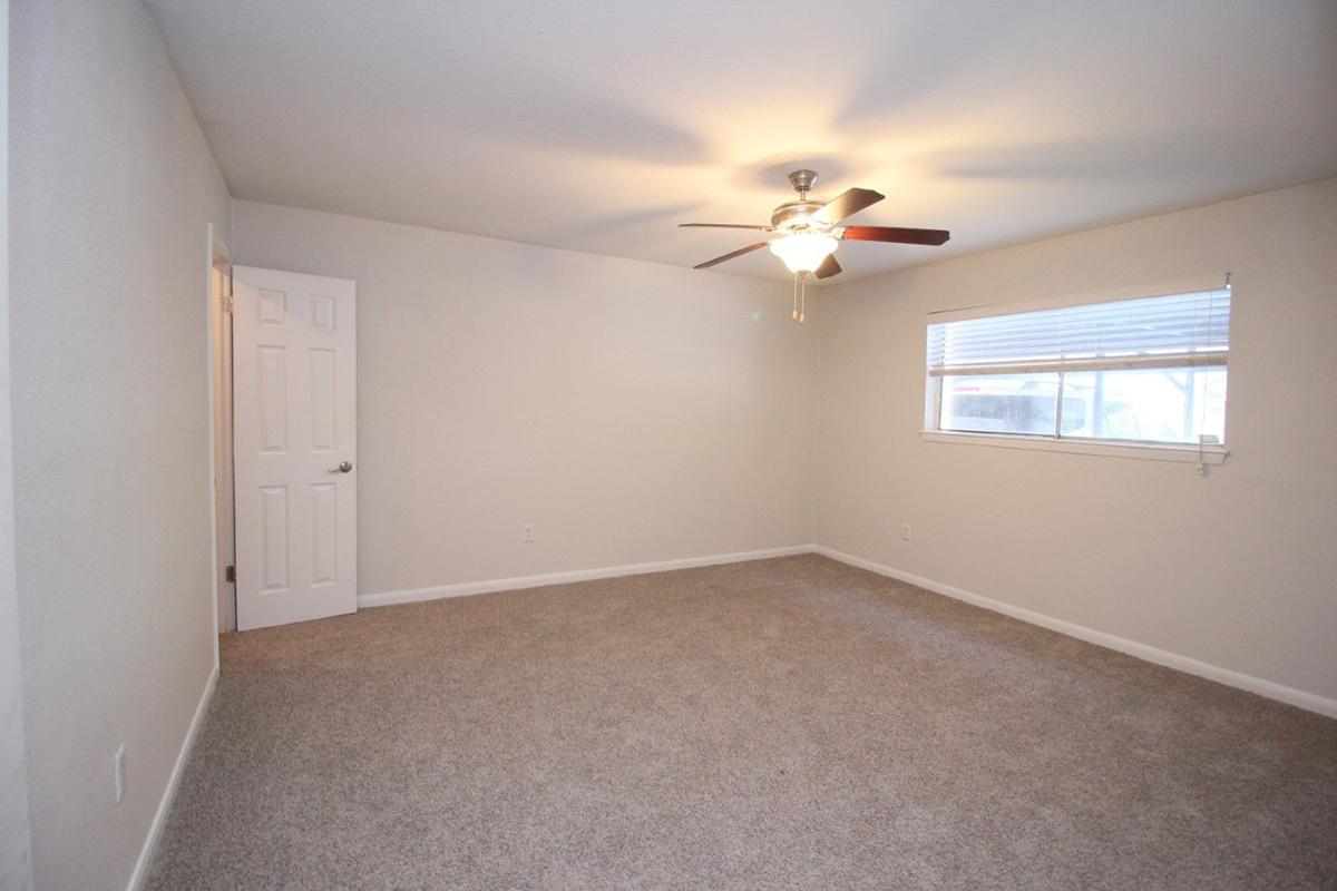 Empty room featuring light-colored walls, a ceiling fan, and a window with blinds. The floor is covered with carpet, and there is a closed door on one side of the room. Natural light enters through the window, creating a bright yet neutral atmosphere.