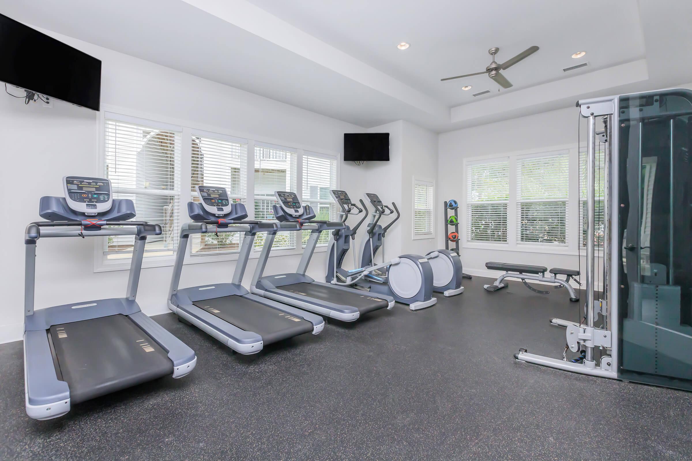 A modern fitness center featuring several treadmills, elliptical machines, and a multi-gym setup. Large windows allow natural light to flood the space, enhancing the inviting atmosphere. The gym is equipped with two wall-mounted TVs and has a clean, well-maintained floor.