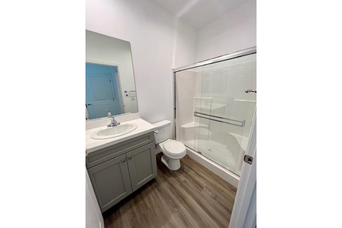 A modern bathroom featuring a glass shower enclosure, a white toilet, and a sink with a light gray vanity. The flooring is wood-like laminate, and there is a large mirror above the sink. The walls are painted in a light color, creating a bright and clean atmosphere.