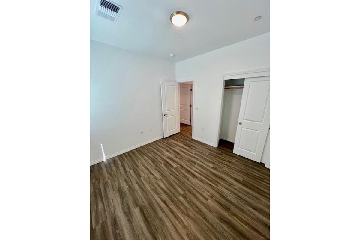 A spacious, empty room featuring light-colored walls and a wood-style floor. There is a ceiling light fixture and a doorway on the right leading to a closet. Natural light may enter through an unseen window, creating a bright, inviting atmosphere.