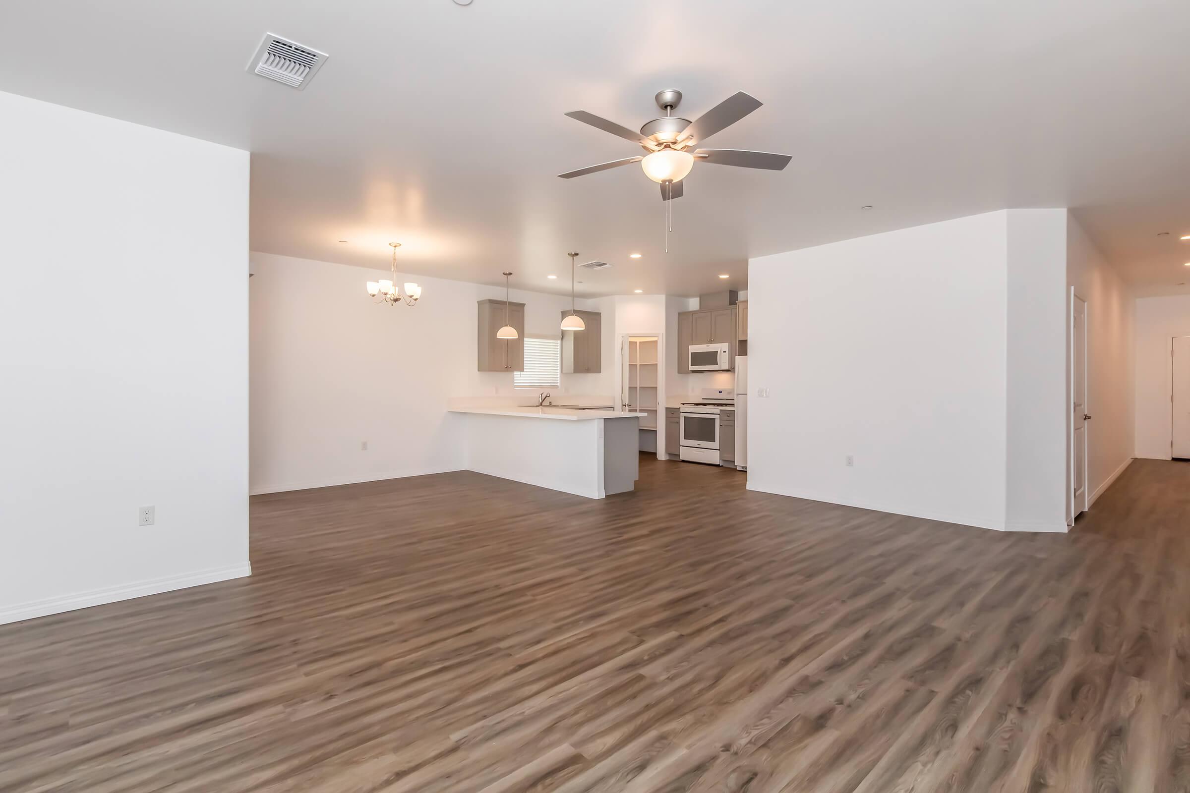 Spacious modern living area with light wooden flooring, a ceiling fan, and an open-plan kitchen featuring stainless steel appliances. Brightly lit, with natural light from overhead fixtures, and a neutral color palette creating a welcoming atmosphere.