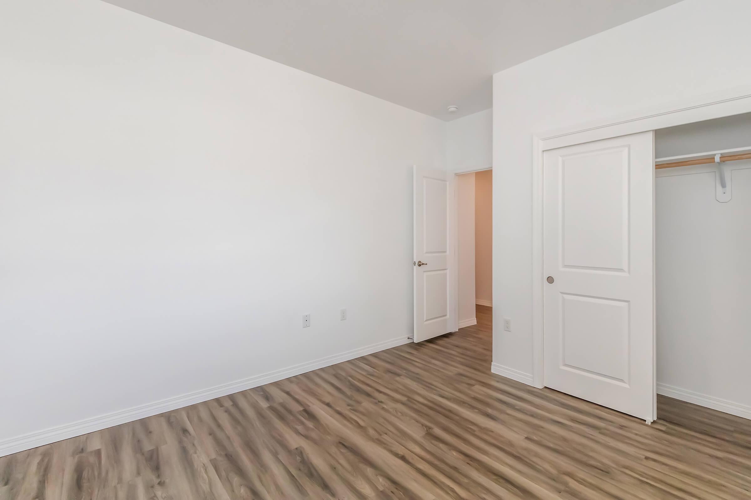 Empty room with white walls and a light-colored wood floor. There is a closet with an open door on the left, and a closed door leading to another space on the right. The room is well-lit and lacks furniture, providing a spacious and minimalistic appearance.