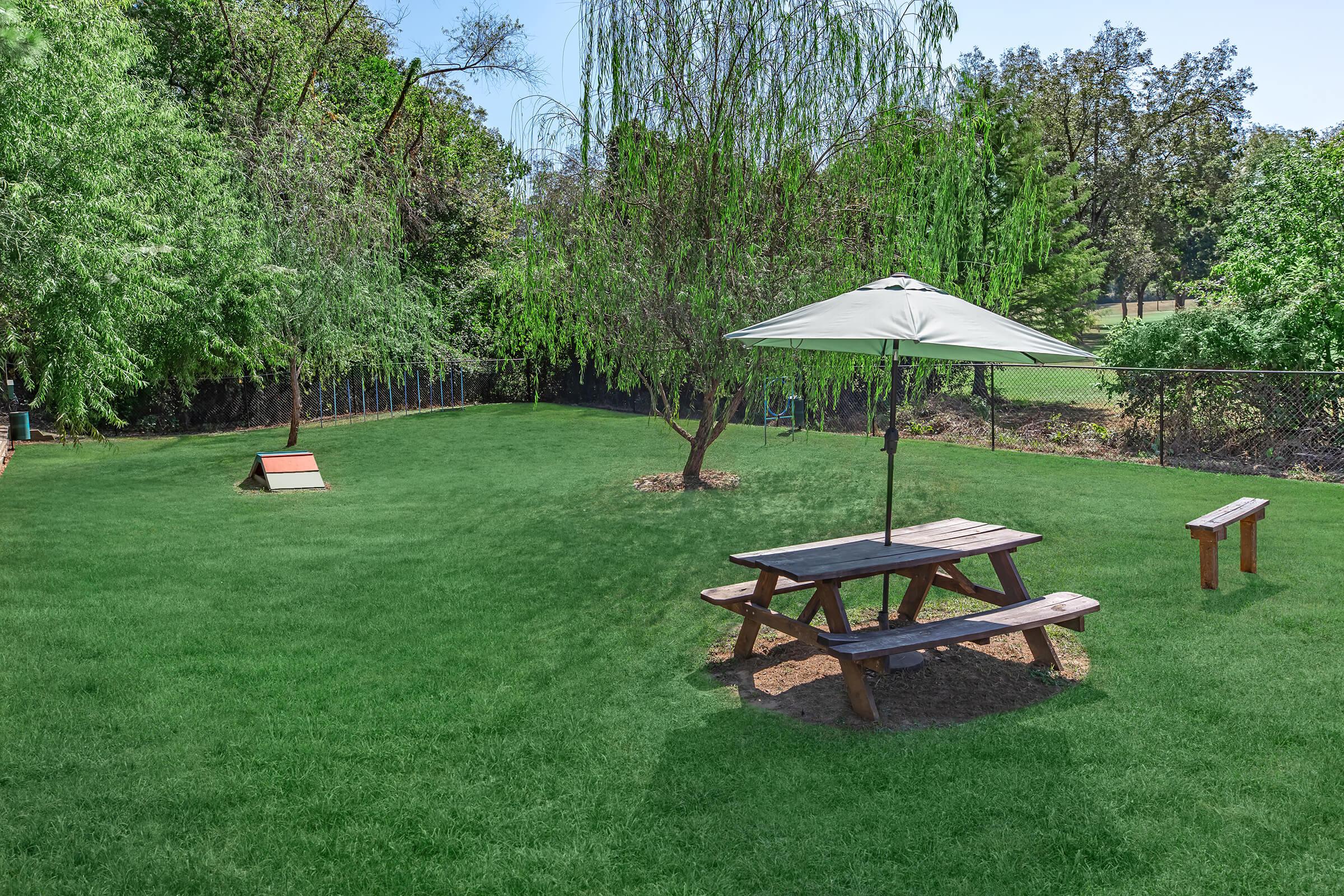 A sunny outdoor area featuring a lush green lawn. In the center, there is a wooden picnic table with an umbrella for shade. Nearby, a small raised platform and a wooden bench are visible. Upon the perimeter, trees provide additional greenery and shade, creating a tranquil environment.