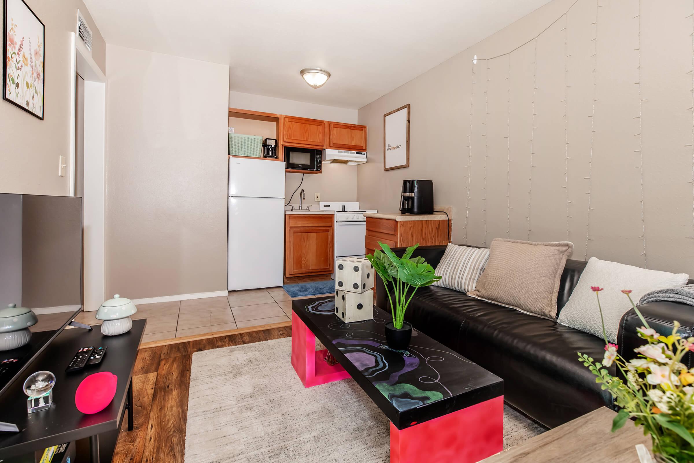 A cozy living room featuring a black leather sofa with decorative cushions, a colorful coffee table with a plant on top, and a TV. The open kitchen is visible in the background, equipped with a refrigerator and stove, along with wooden cabinets. Soft lighting creates a warm atmosphere.