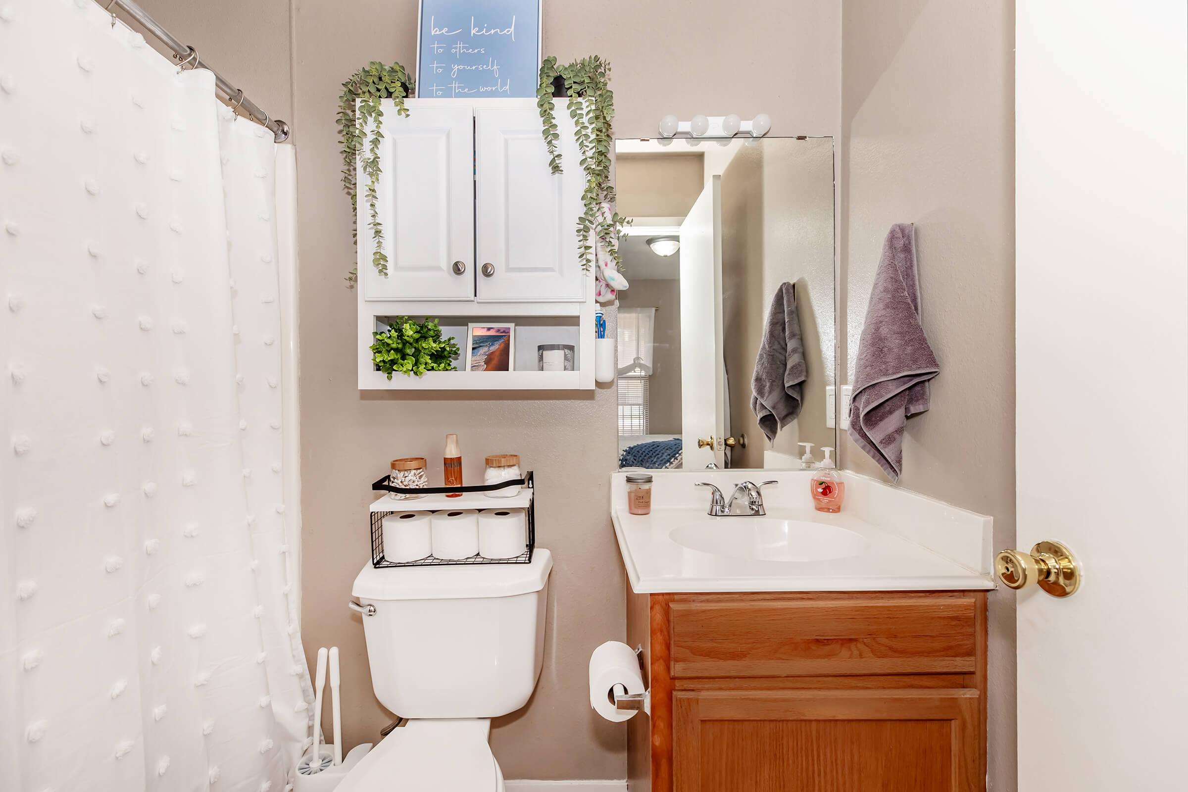 A small, well-organized bathroom featuring a white shower curtain with dots, a wooden cabinet above the toilet with small plants and decor, a mirror above the sink, and a wooden bathroom vanity. Towels hang on the wall, and the space is brightly lit, creating a clean and inviting atmosphere.