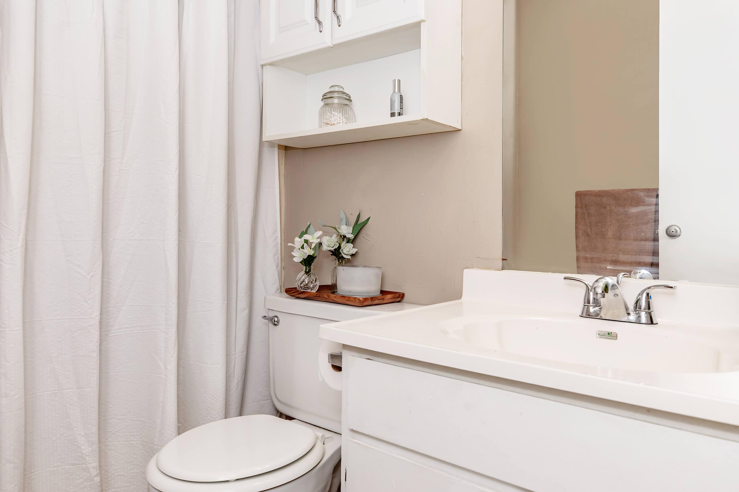 A clean, minimalist bathroom featuring a white toilet, a sink with modern fixtures, and a mirror. Above the toilet is a shelf with decorative elements, including a small plant and a glass container. The walls are painted in a light color, and a white shower curtain is partially drawn to the side.