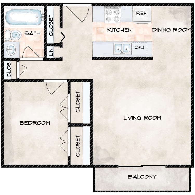 1 Bed 1 Bath floor plan image