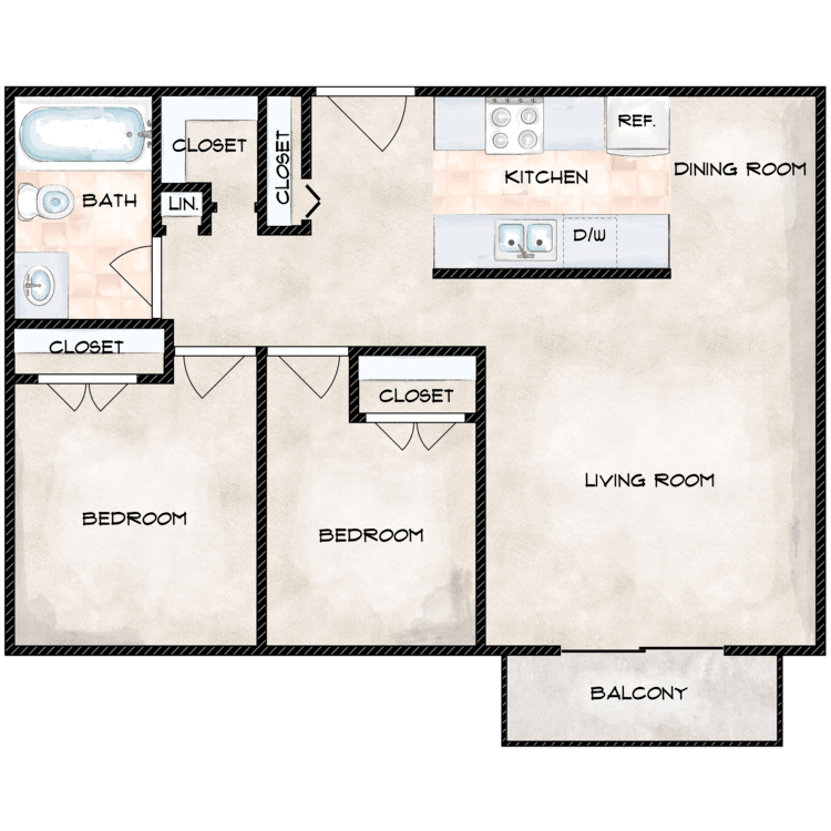 2 Bed 1 Bath floor plan image