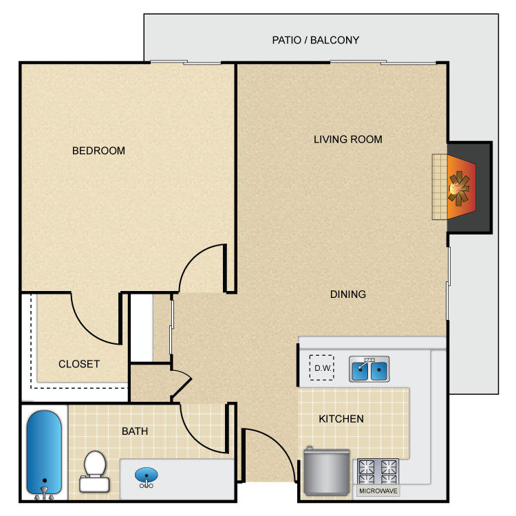 Floor plan image of 1 Bed 1 Bath Corner