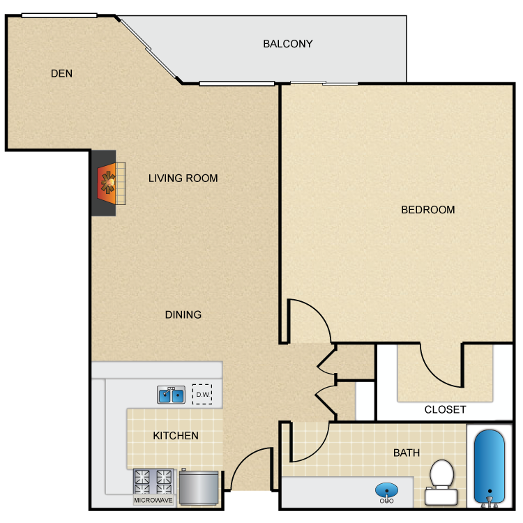 Floor plan image of 1 Bed 1 Bath with Den