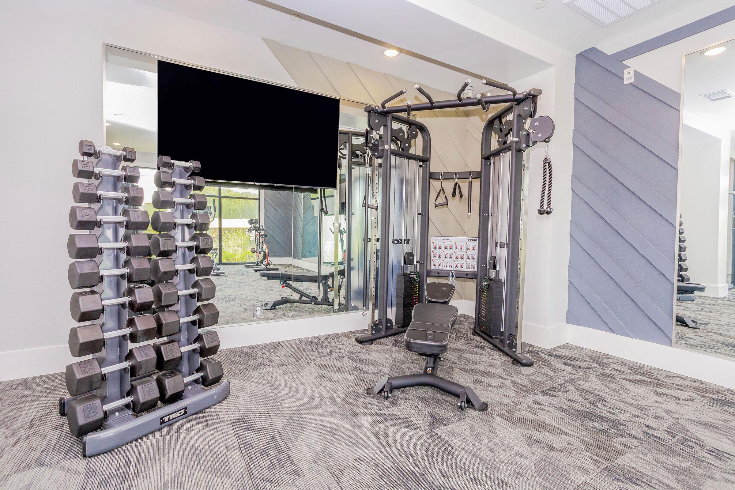 A modern home gym featuring a rack of dumbbells, a multi-station cable machine, and a workout bench. The space is well-lit with a large mirror and is decorated in neutral tones, creating a clean and inviting fitness area. A large screen is mounted on the wall, enhancing the gym's functionality.