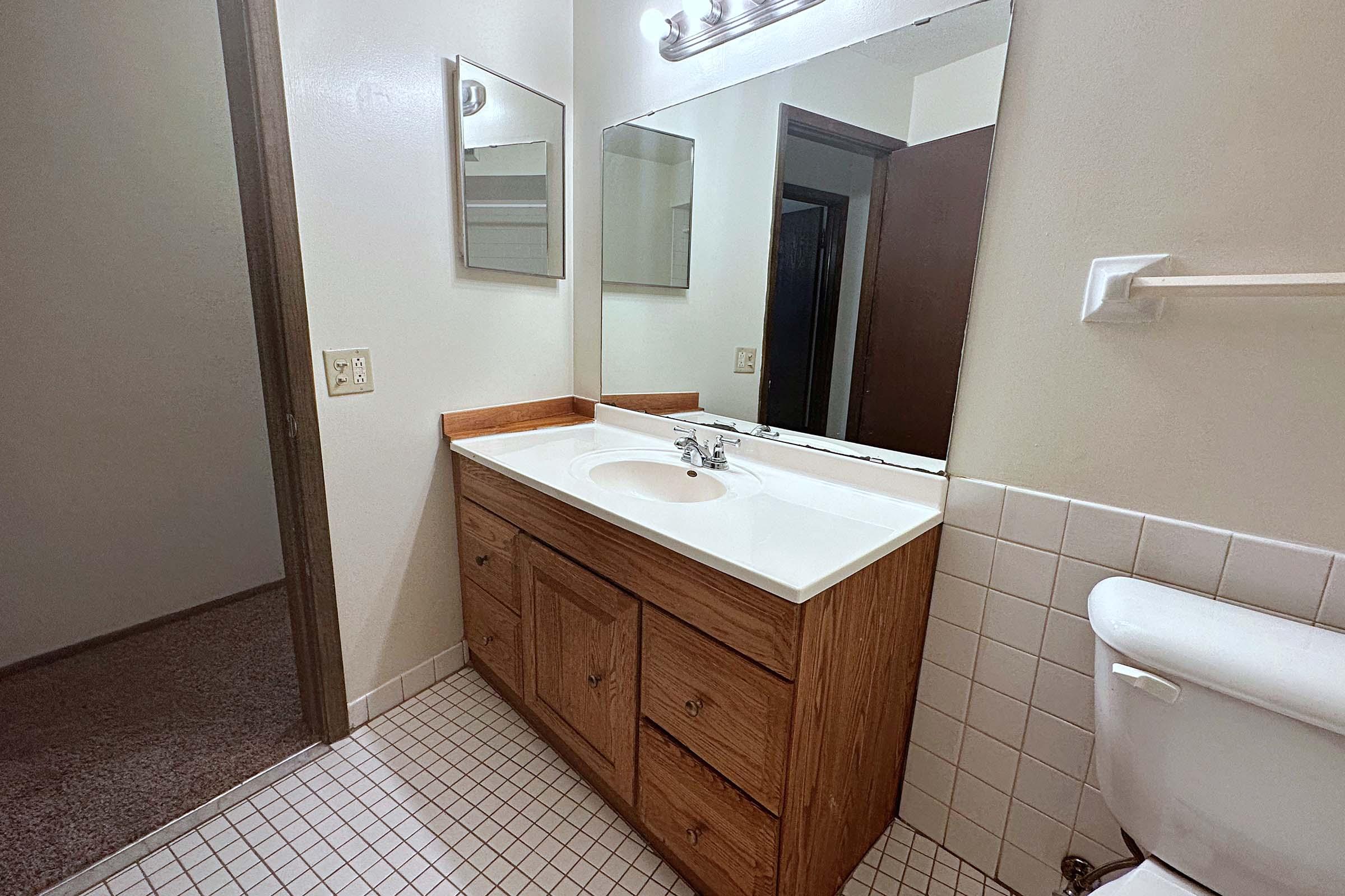 a room with a sink and a mirror