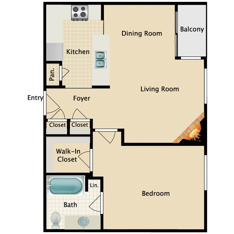 Floor plan image of 1 Bed 1 Bath Plan D