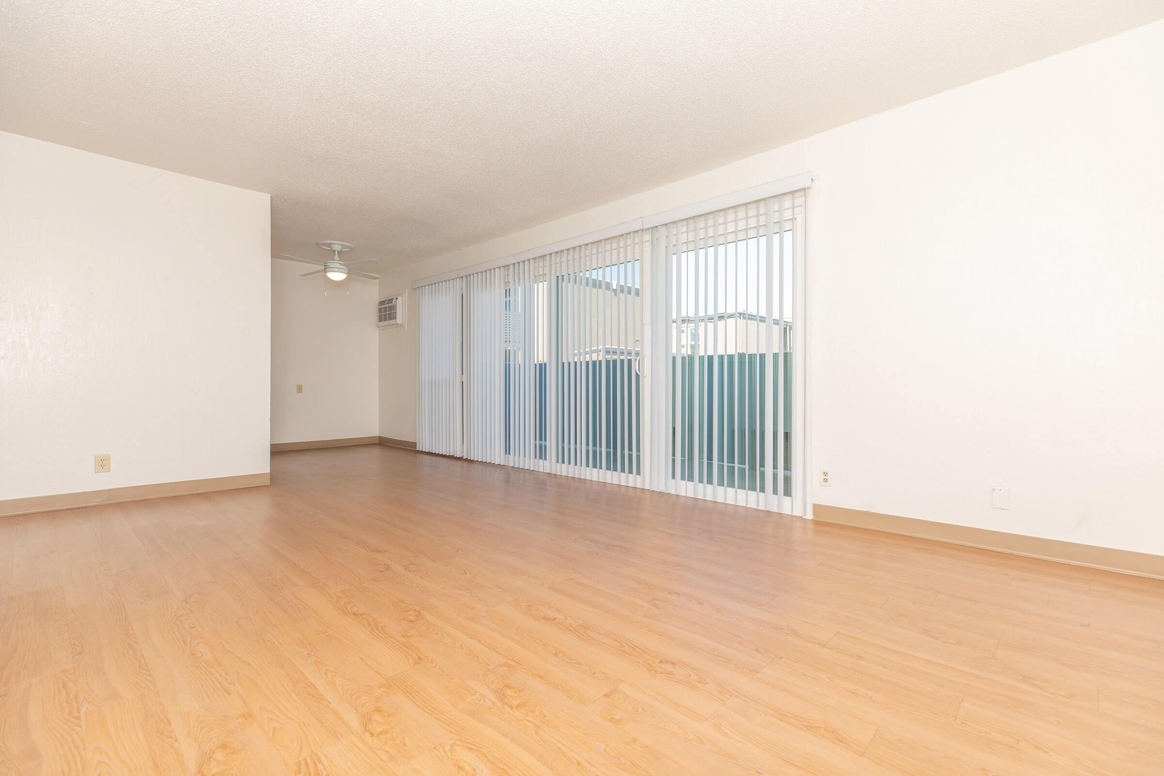 Living room and entryway with tall windows with vertical blinds.