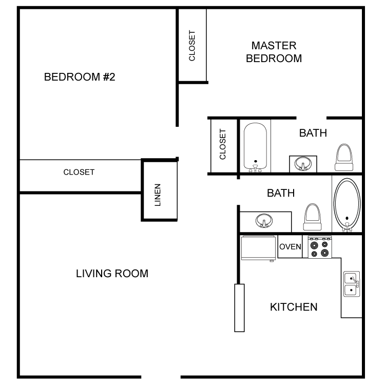 Floor plan image of 2 Bed 2 Bath 1050 Sq Ft