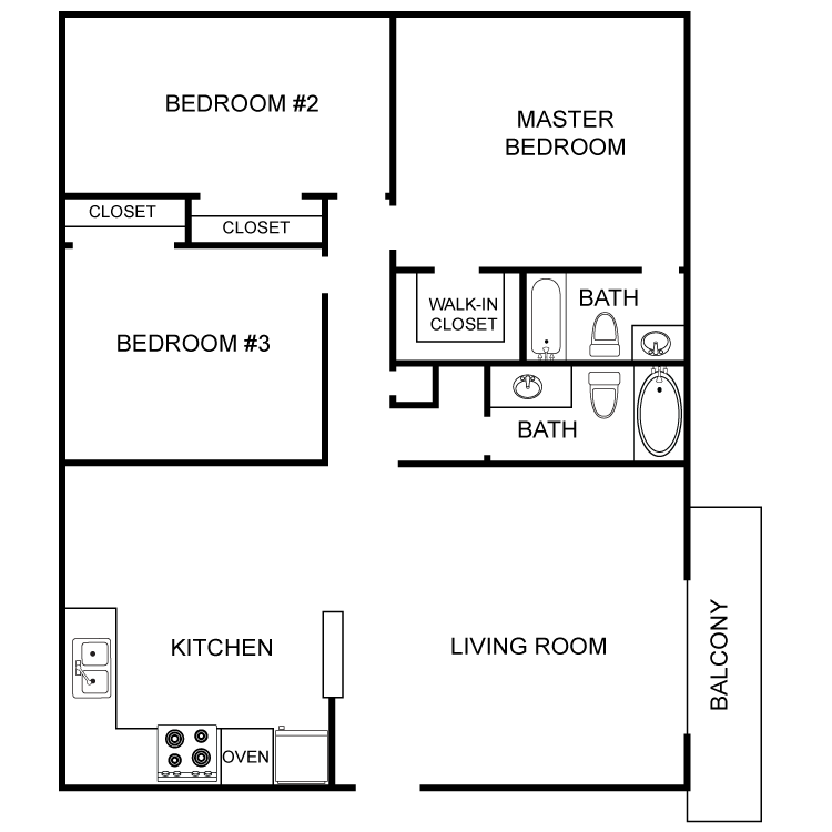 Floor plan image of 3 Bed 2 Bath 1250 Sq Ft