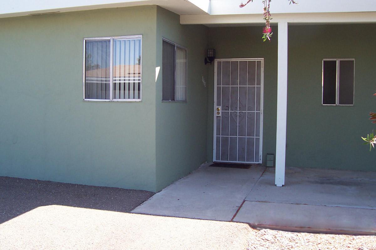 a building with a green door