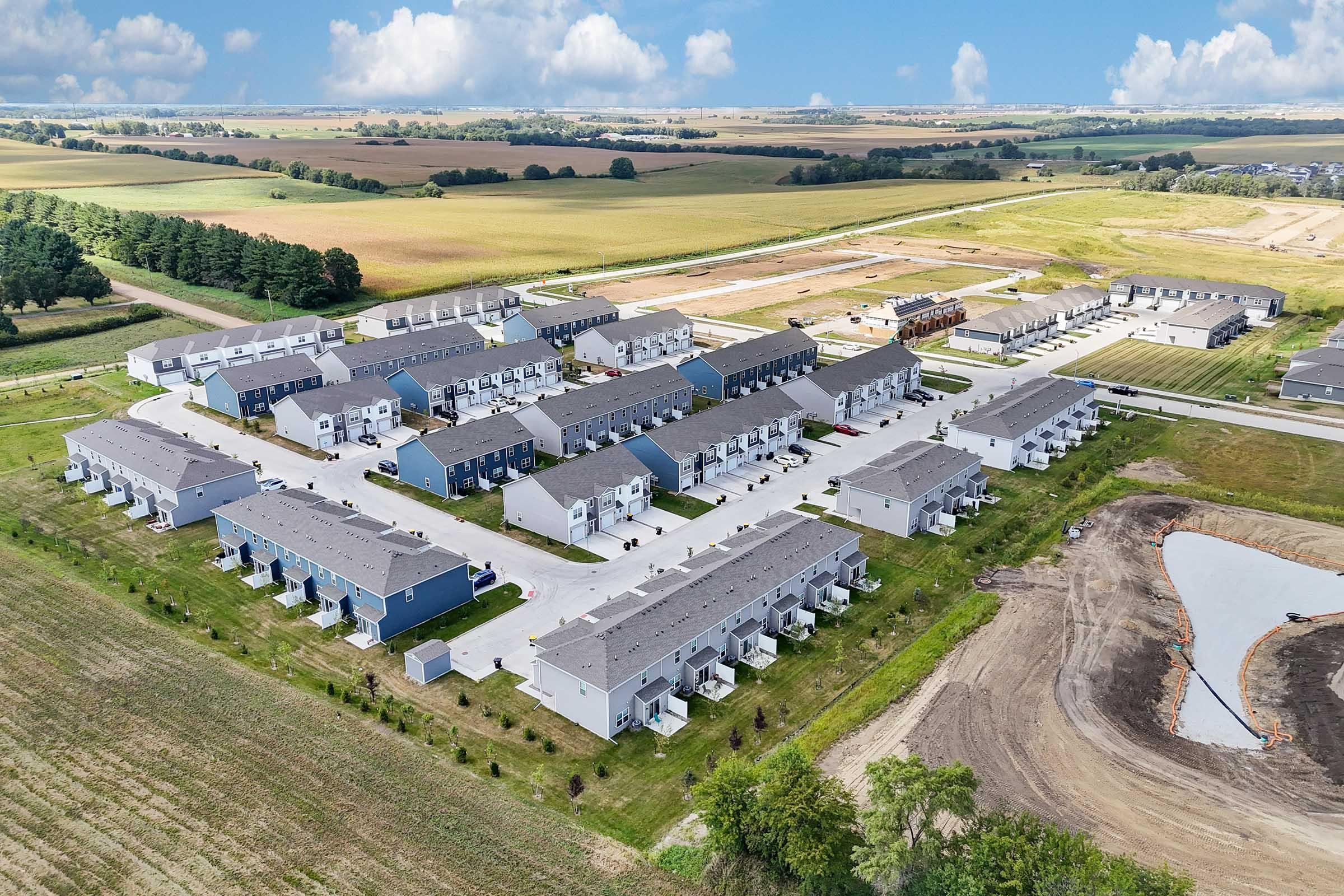 Aerial shot of Painted Woods Villas new construction townhomes in Waukee School District.