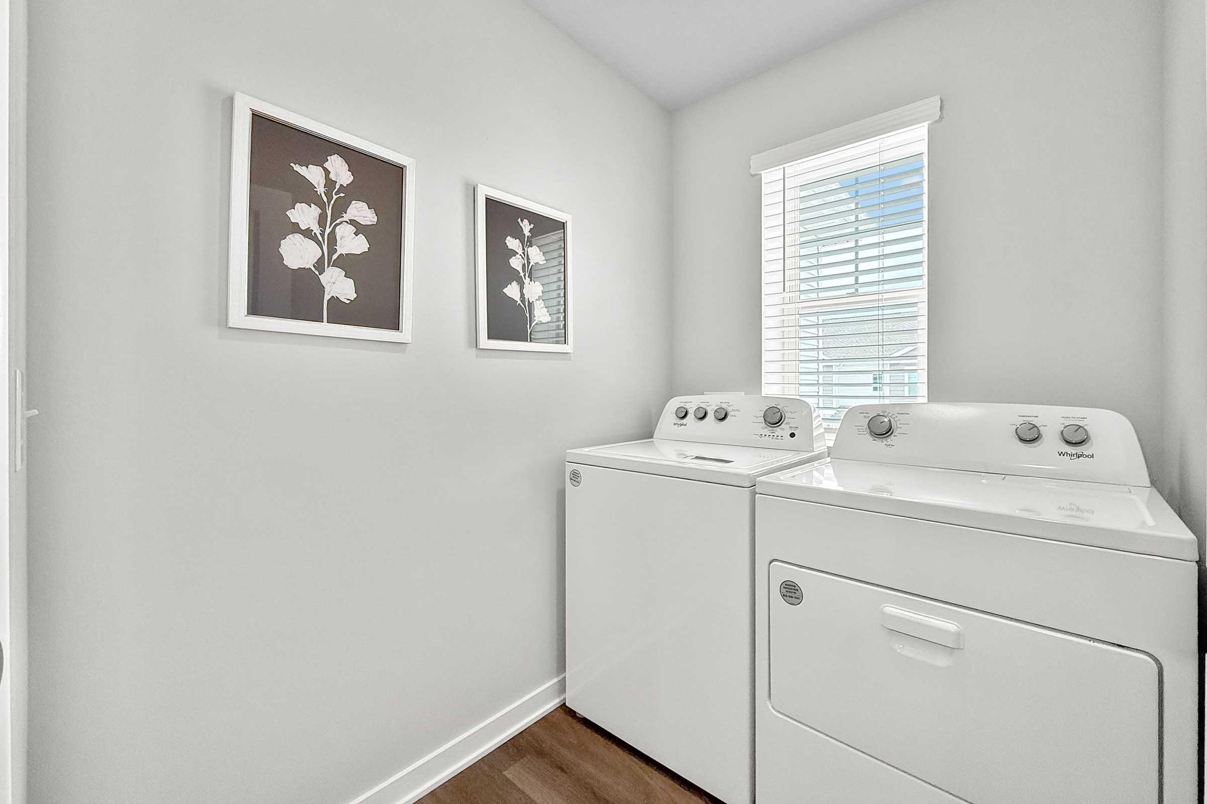 In-unit laundry with washer and dryer in Painted Woods Villas townhomes for rent in Waukee.