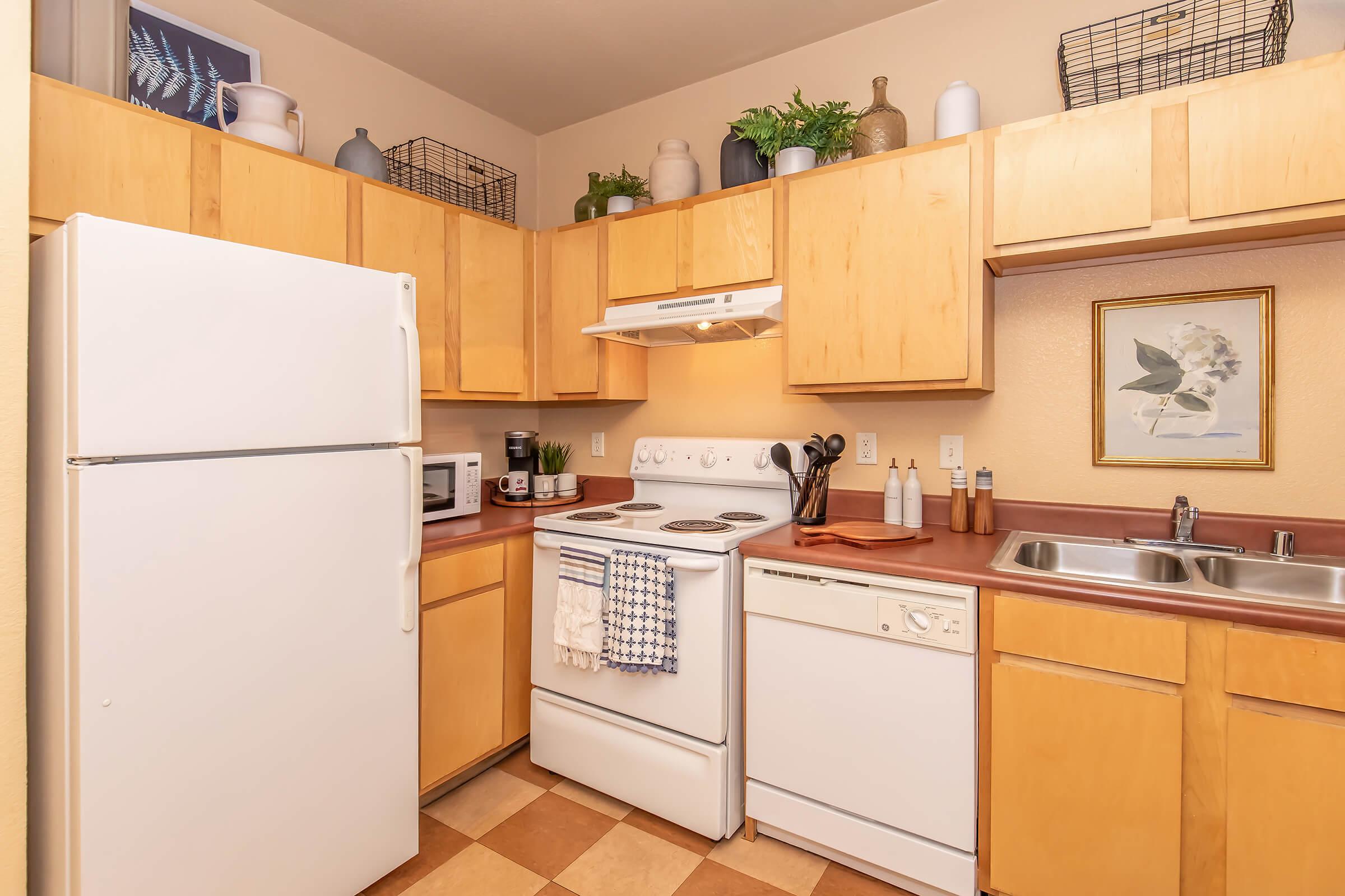 A cozy kitchen featuring light wooden cabinets, a white refrigerator, and a white stove with oven. There is a microwave on the counter, a double sink, and various kitchen utensils. Decorative items, including plants, are placed on top of the cabinets, and a framed picture hangs on the wall.