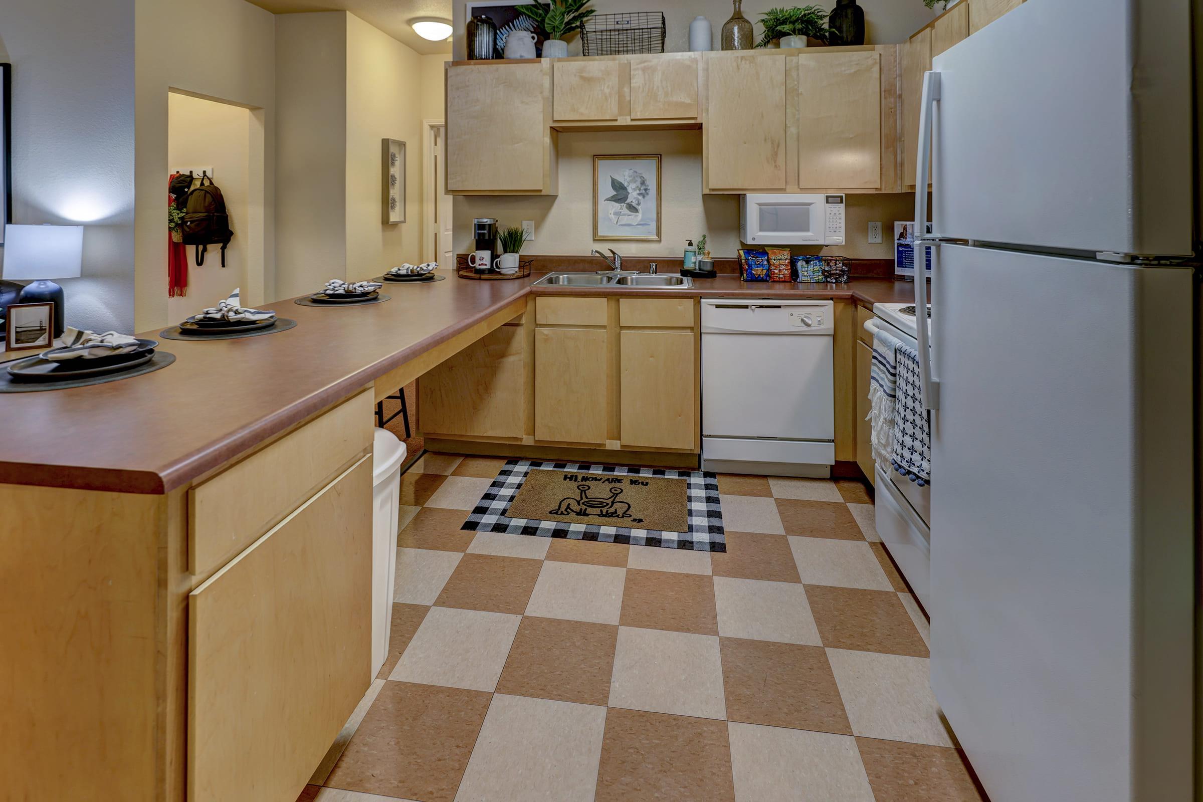 A modern kitchen with wooden cabinets, beige countertops, and a checkered floor. It includes a refrigerator, microwave, dishwasher, and a sink. The space is decorated with plants and a framed artwork on the wall. A black and white rug featuring a dog design is placed in front of the sink, adding a homely touch.