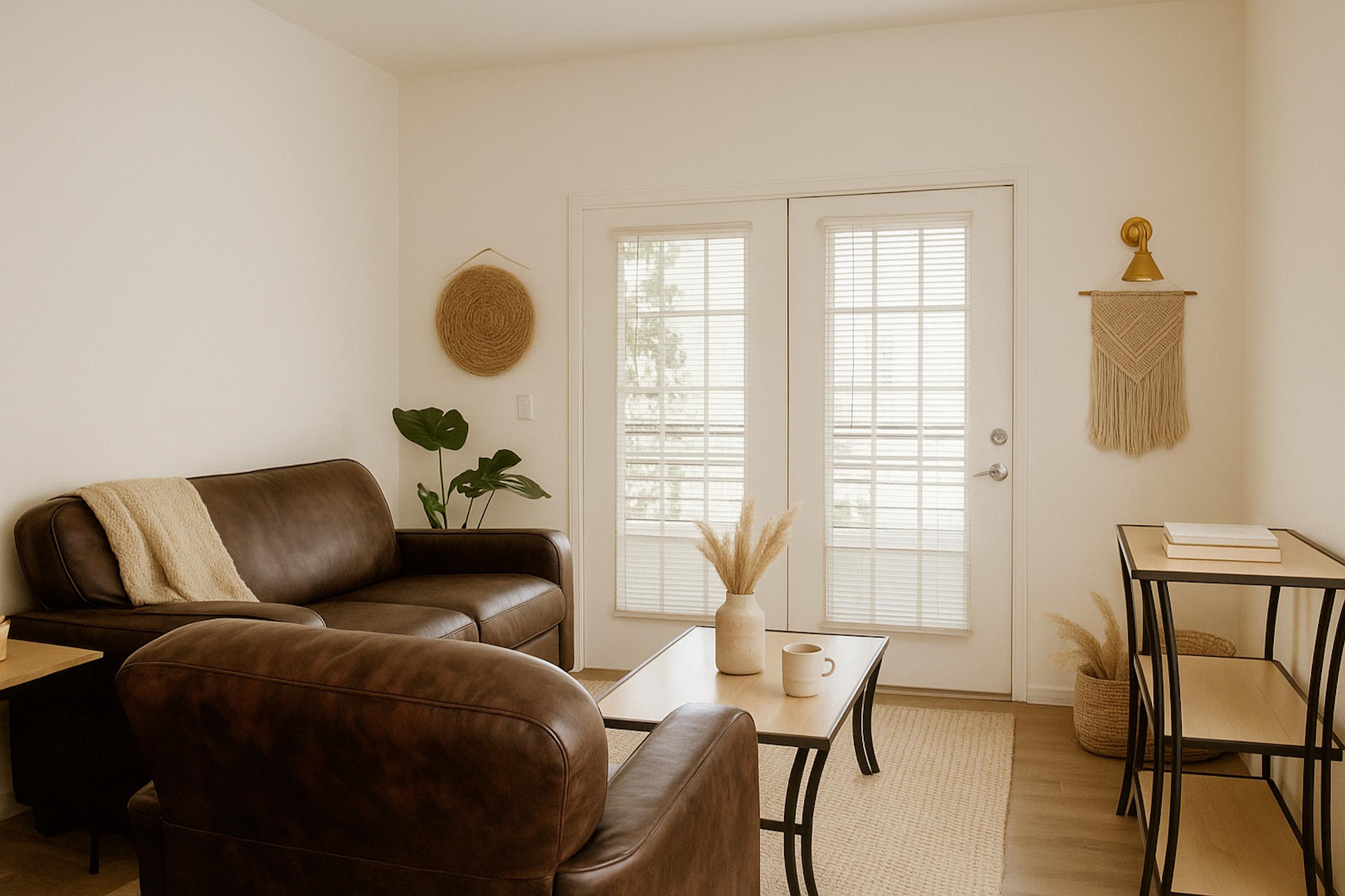 A cozy living room featuring two brown leather sofas, a light decorative rug, and a wooden coffee table. Natural light filters through glass doors with white blinds, and greenery adds a touch of life. A woven wall hanging and a small plant enhance the inviting atmosphere of the space.