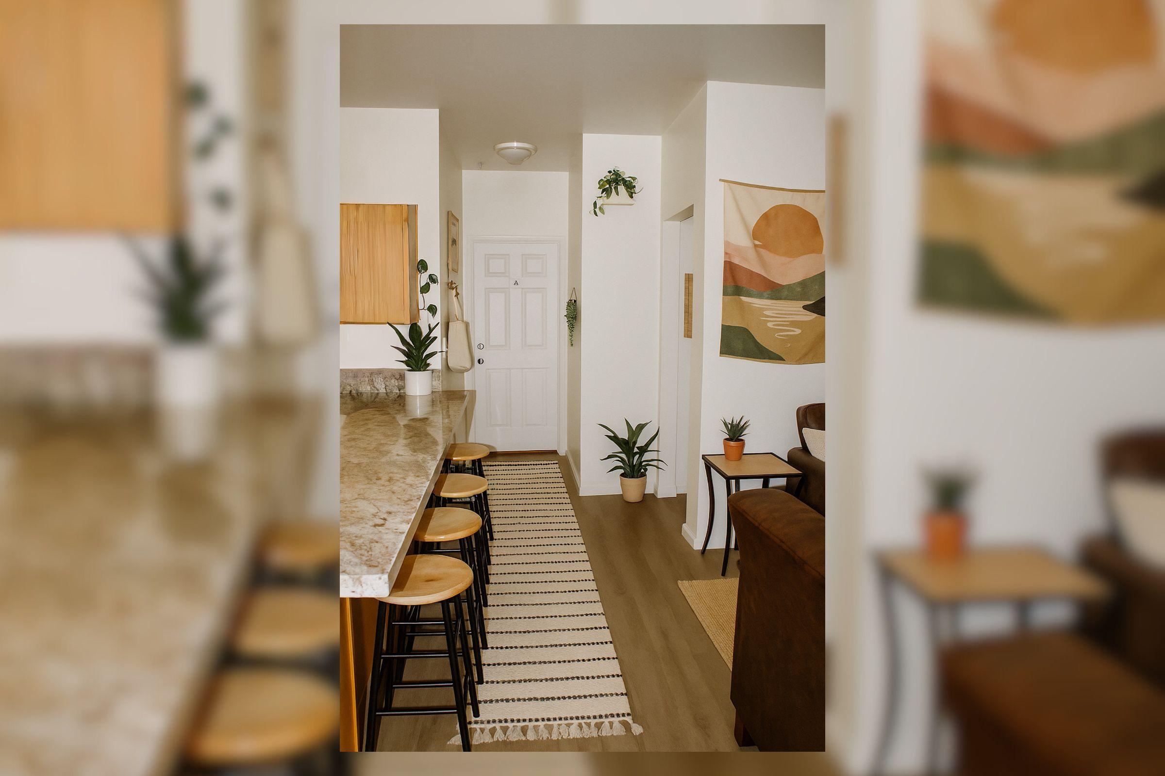 A cozy, well-lit hallway leading to a door, with a marble countertop and wooden stools on one side. Indoor plants decorate the space, and a large wall tapestry featuring a landscape hangs on the opposite wall. A soft runner rug adds warmth to the wooden floor, creating a welcoming atmosphere.