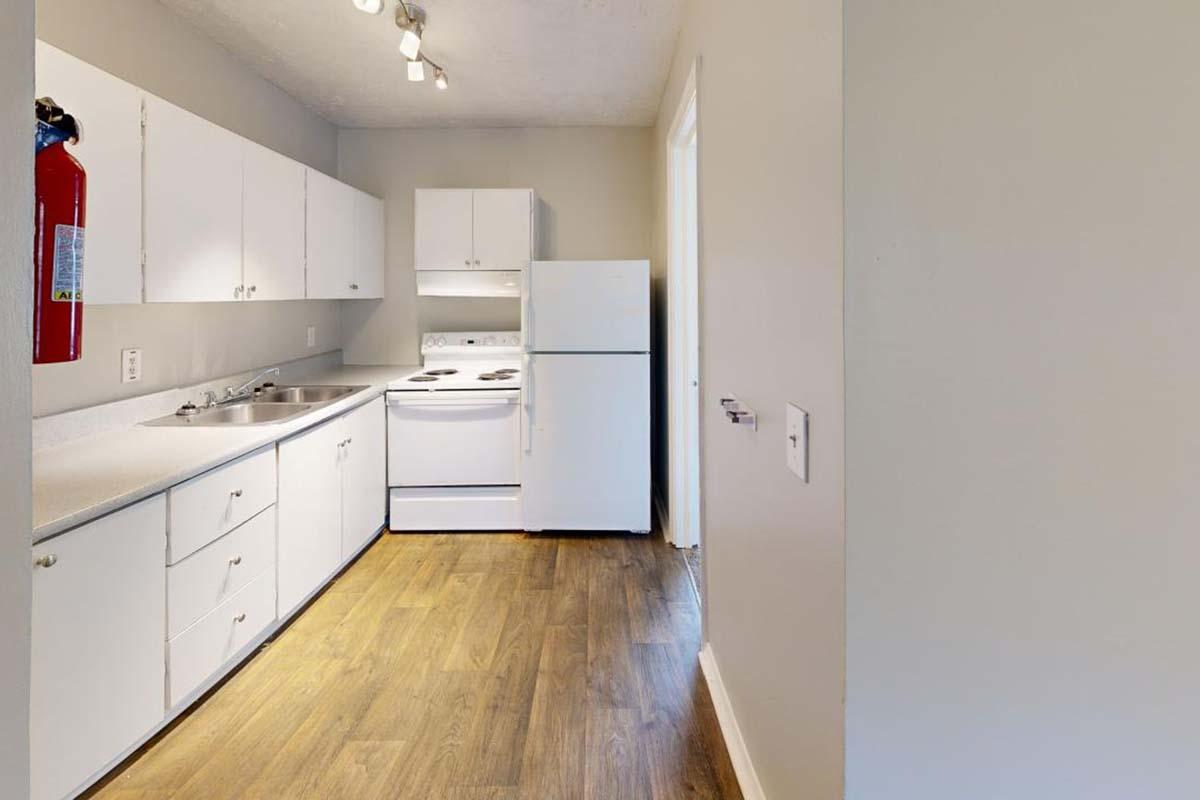 a kitchen with a stove and a refrigerator