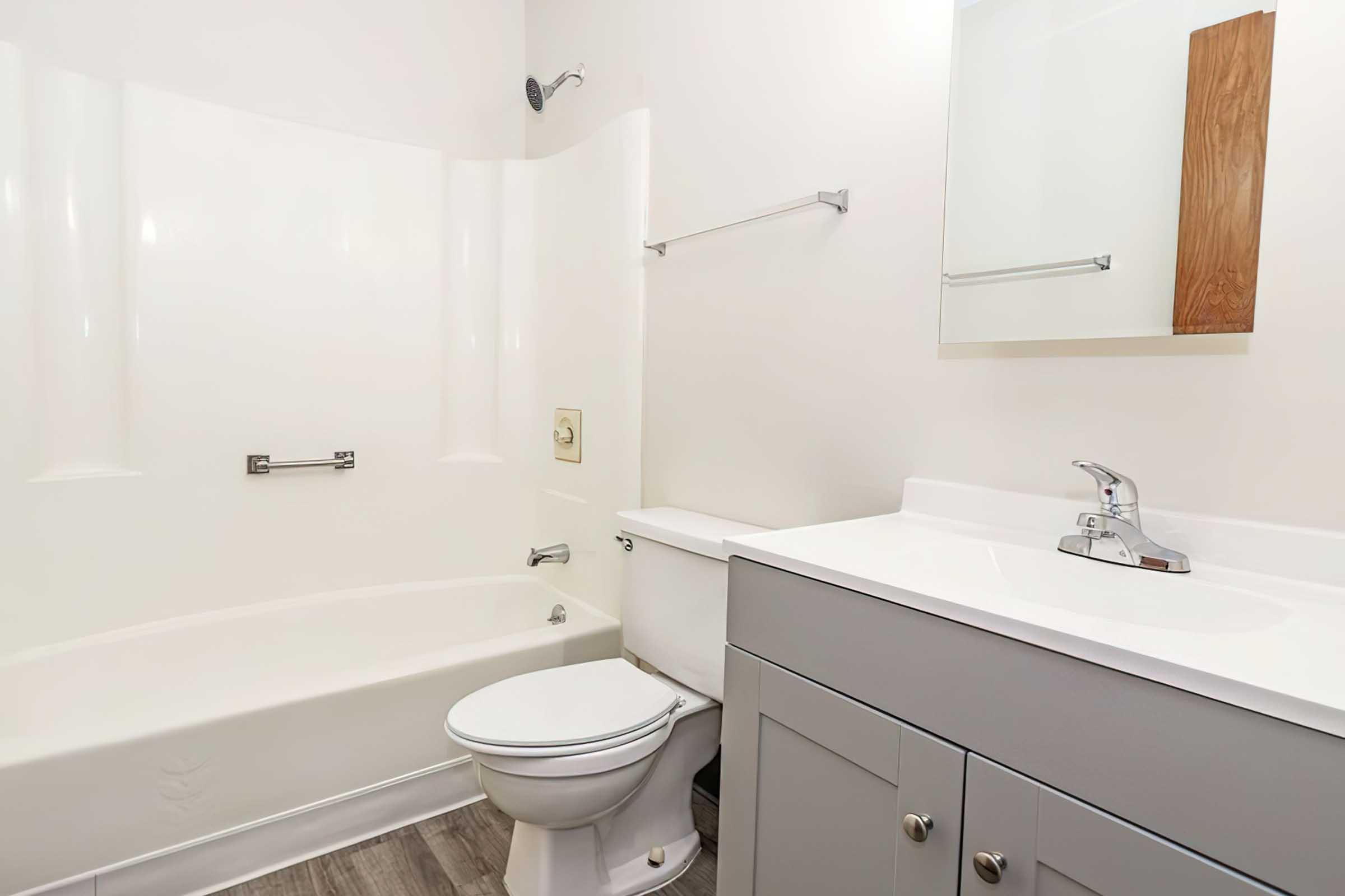 A clean and modern bathroom featuring a white bathtub with a shower, a white toilet, and a sleek vanity with a sink. The walls are painted in a light color, and there's a mirror mounted above the sink. The floor is covered with gray vinyl planks, giving the space a contemporary look.