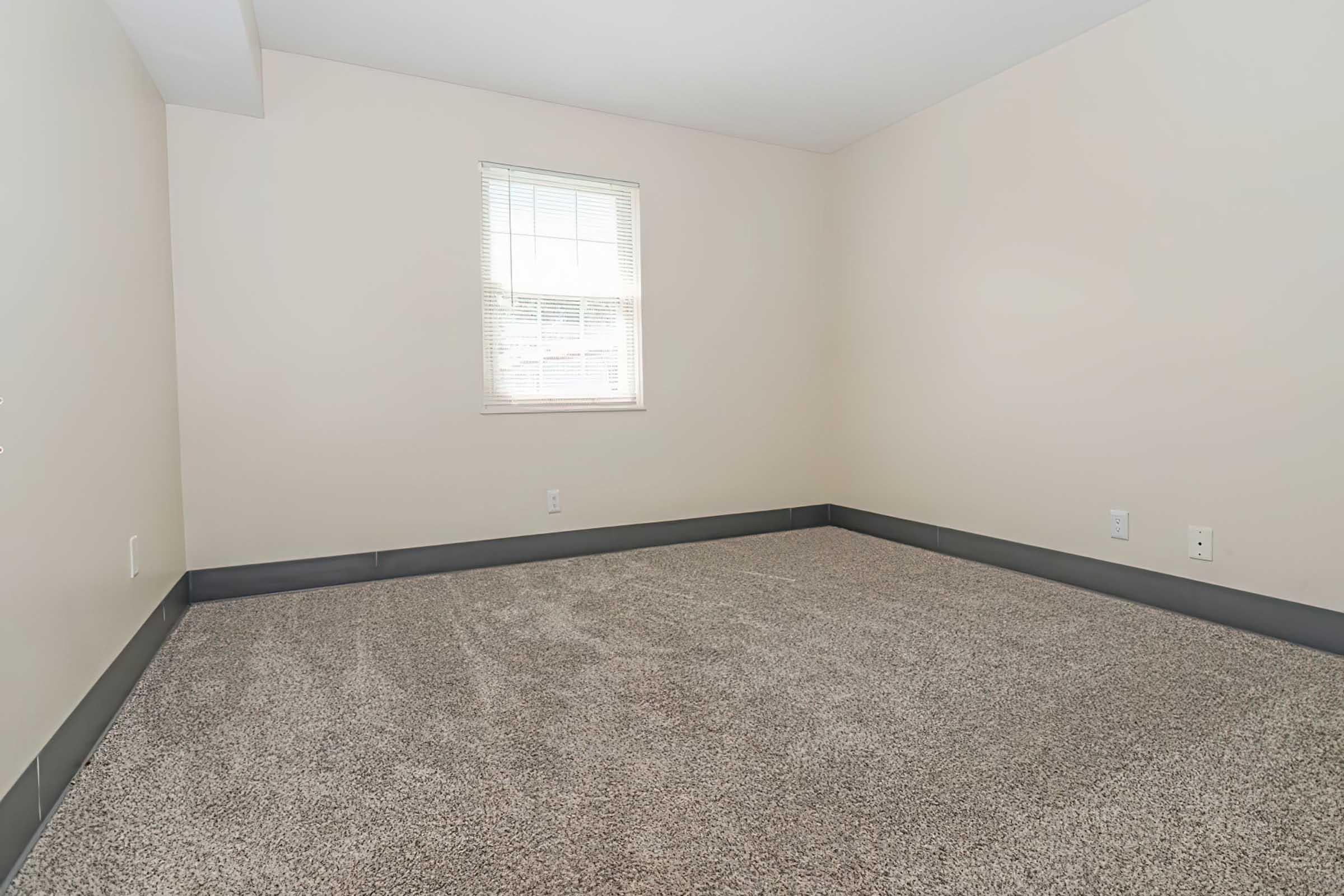 A vacant room with light beige walls and carpet flooring. There is one small window letting in natural light, and the room features grey baseboards. The space is empty, giving a clean and open feel.
