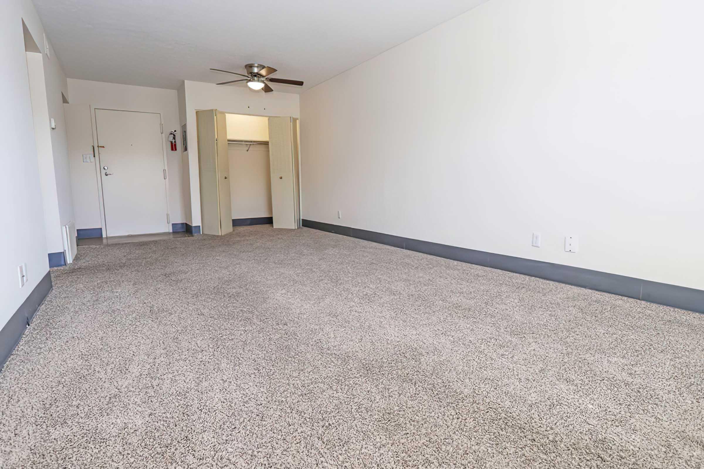 A spacious, well-lit room with beige carpet, a ceiling fan, and a neutral-colored wall. There is a closet with sliding doors on the left and a doorway leading to another space. The room has a minimalist design, providing a blank canvas for decoration.