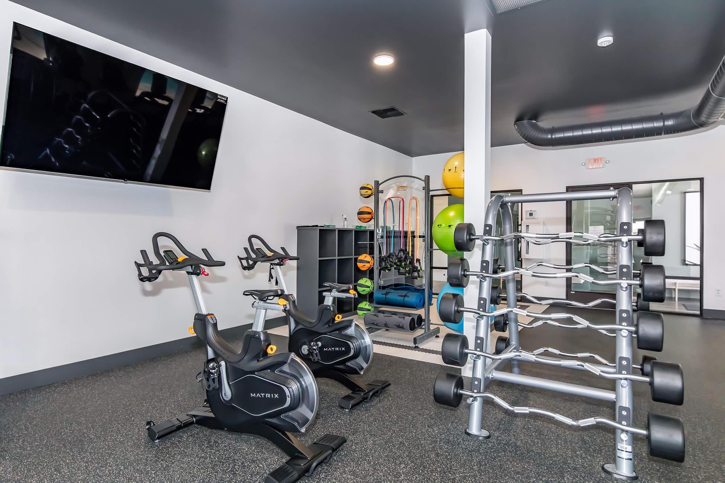 A modern gym space featuring two stationary bikes, a weight rack with various free weights, and a wall-mounted television. The area is well-lit with rubber flooring and includes fitness equipment like stability balls and resistance bands on shelves.