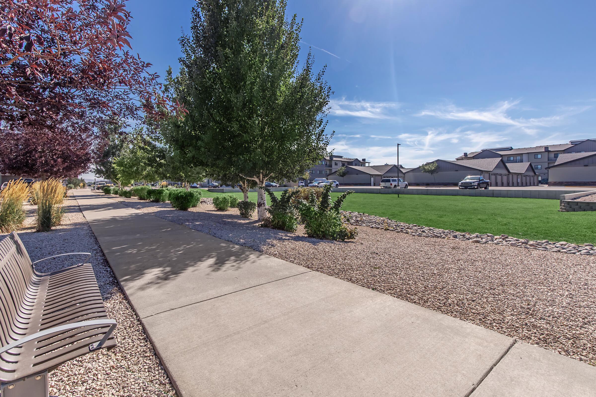 A sidewalk lined with benches and low shrubs, leading through a landscaped area with gravel and grass. Trees with green leaves provide shade, and houses can be seen in the background under a clear blue sky.