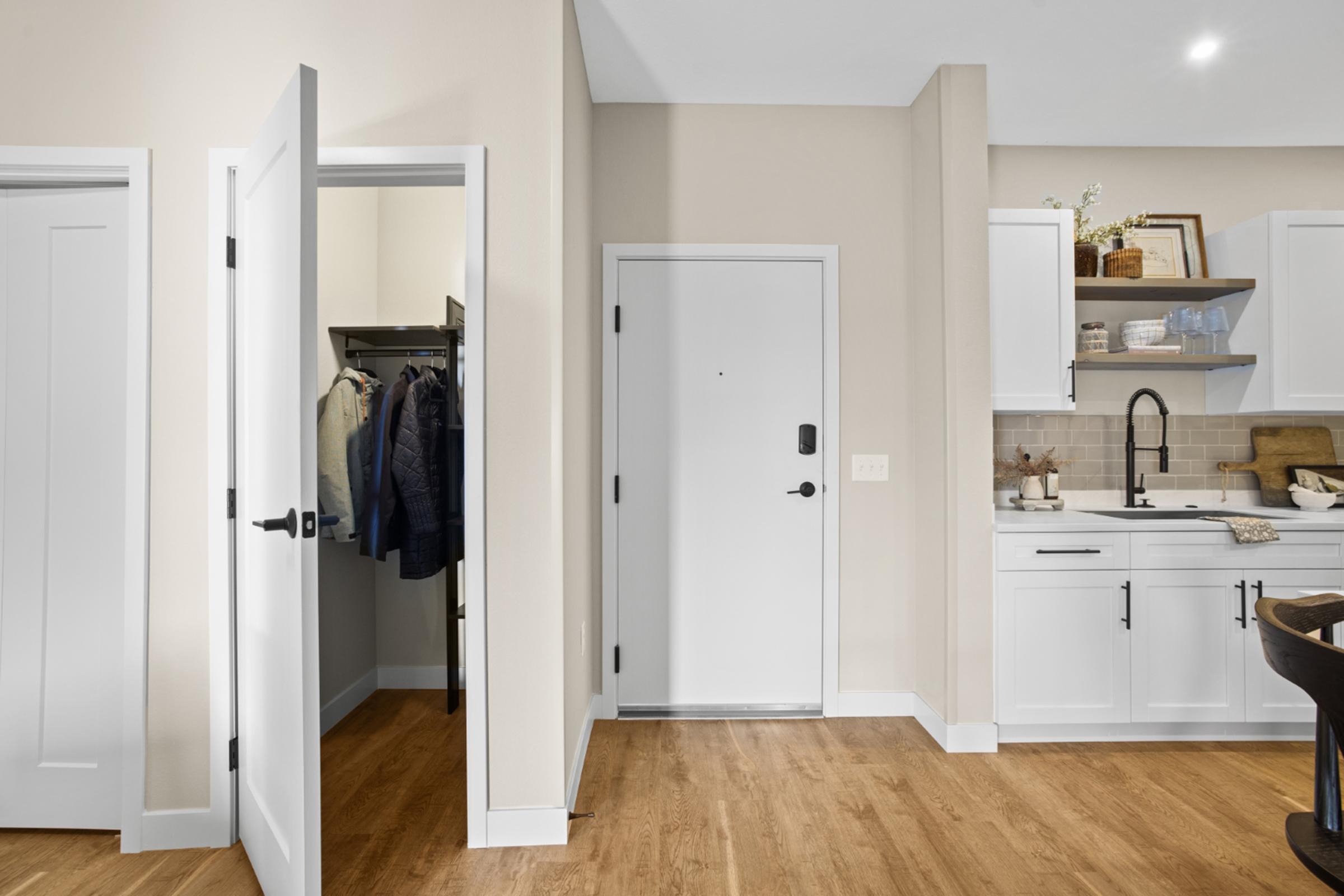 a kitchen with a wood floor